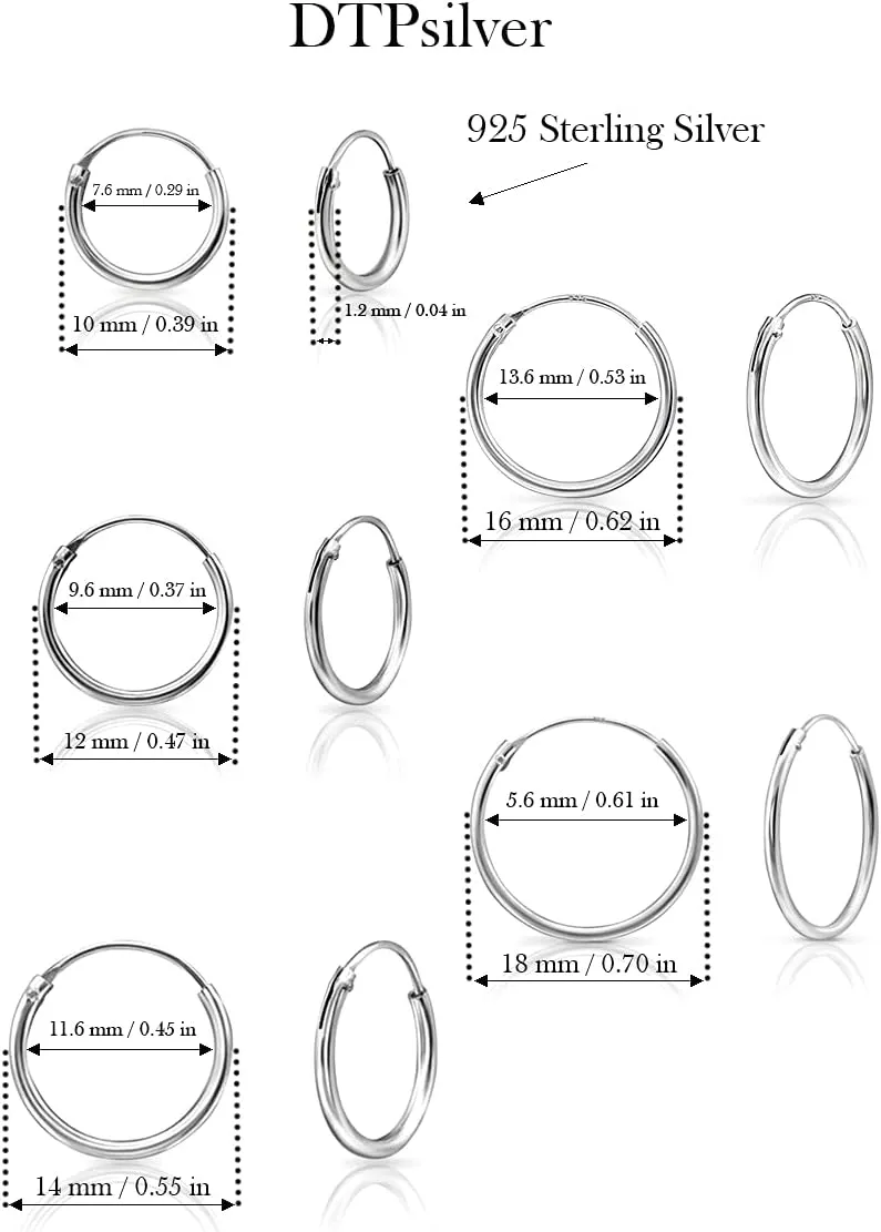 Set of 5 PAIRS of VERY TINY/SMALL 925 Sterling Silver, 24K Yellow or 18K Rose Gold Plated Endless Hoops/Sleepers Earrings - Cartilage/Helix - Thickness 1.2 mm - Outer Diameter: 8, 10, 12, 14, 16, 18 mm