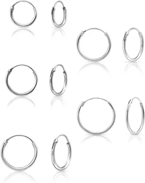 Set of 5 PAIRS of VERY TINY/SMALL 925 Sterling Silver, 24K Yellow or 18K Rose Gold Plated Endless Hoops/Sleepers Earrings - Cartilage/Helix - Thickness 1.2 mm - Outer Diameter: 8, 10, 12, 14, 16, 18 mm