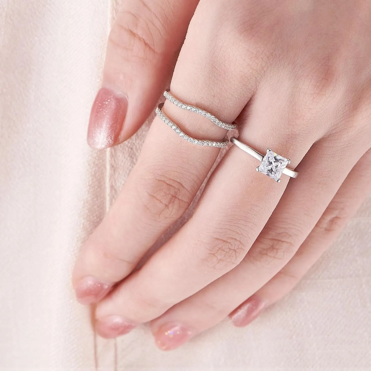 SHELOVES Curved Ring Guard Enhancer Cubic Zirconia Stack Wrap for Engagement Ring 925 Sterling Silver 5-10