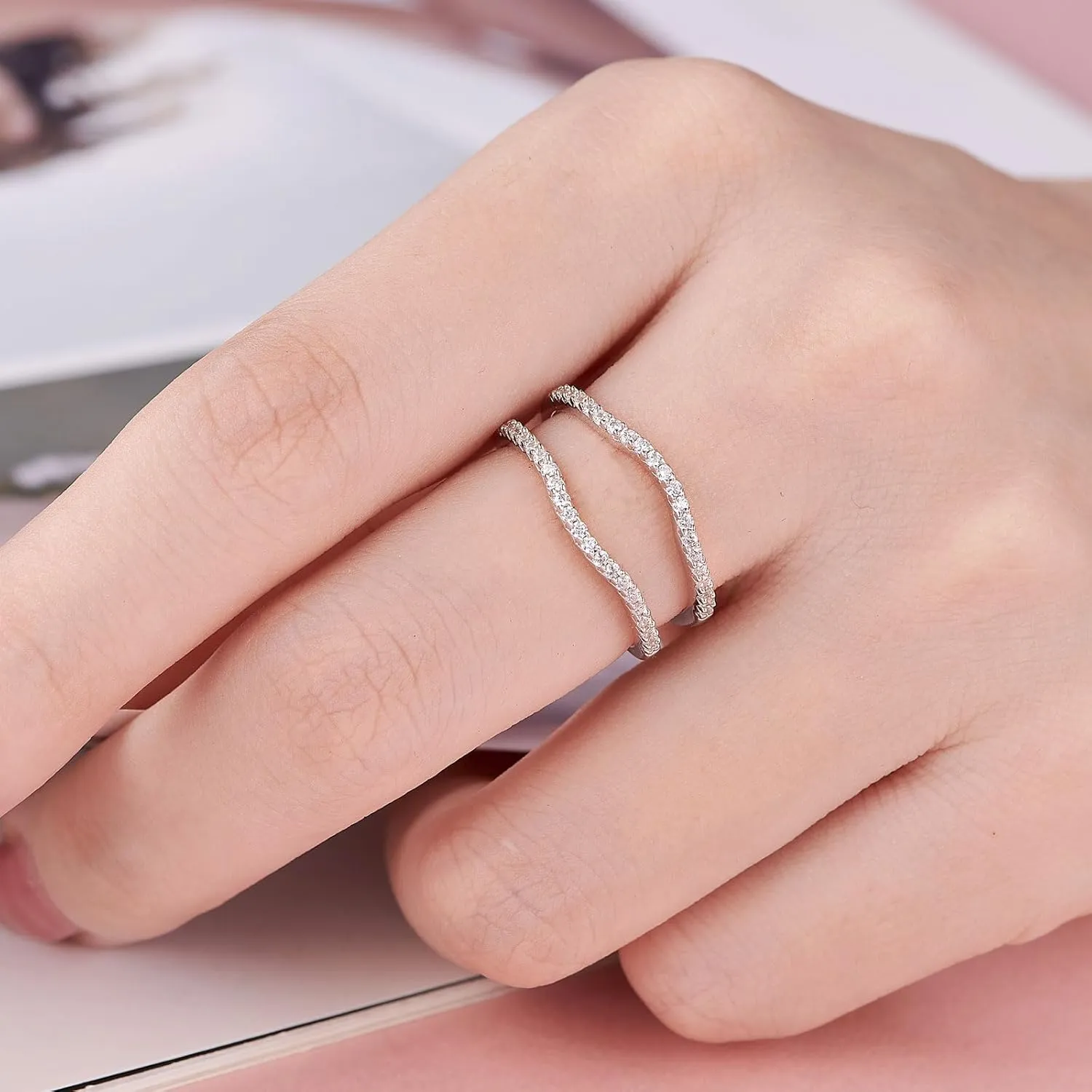 SHELOVES Curved Ring Guard Enhancer Cubic Zirconia Stack Wrap for Engagement Ring 925 Sterling Silver 5-10