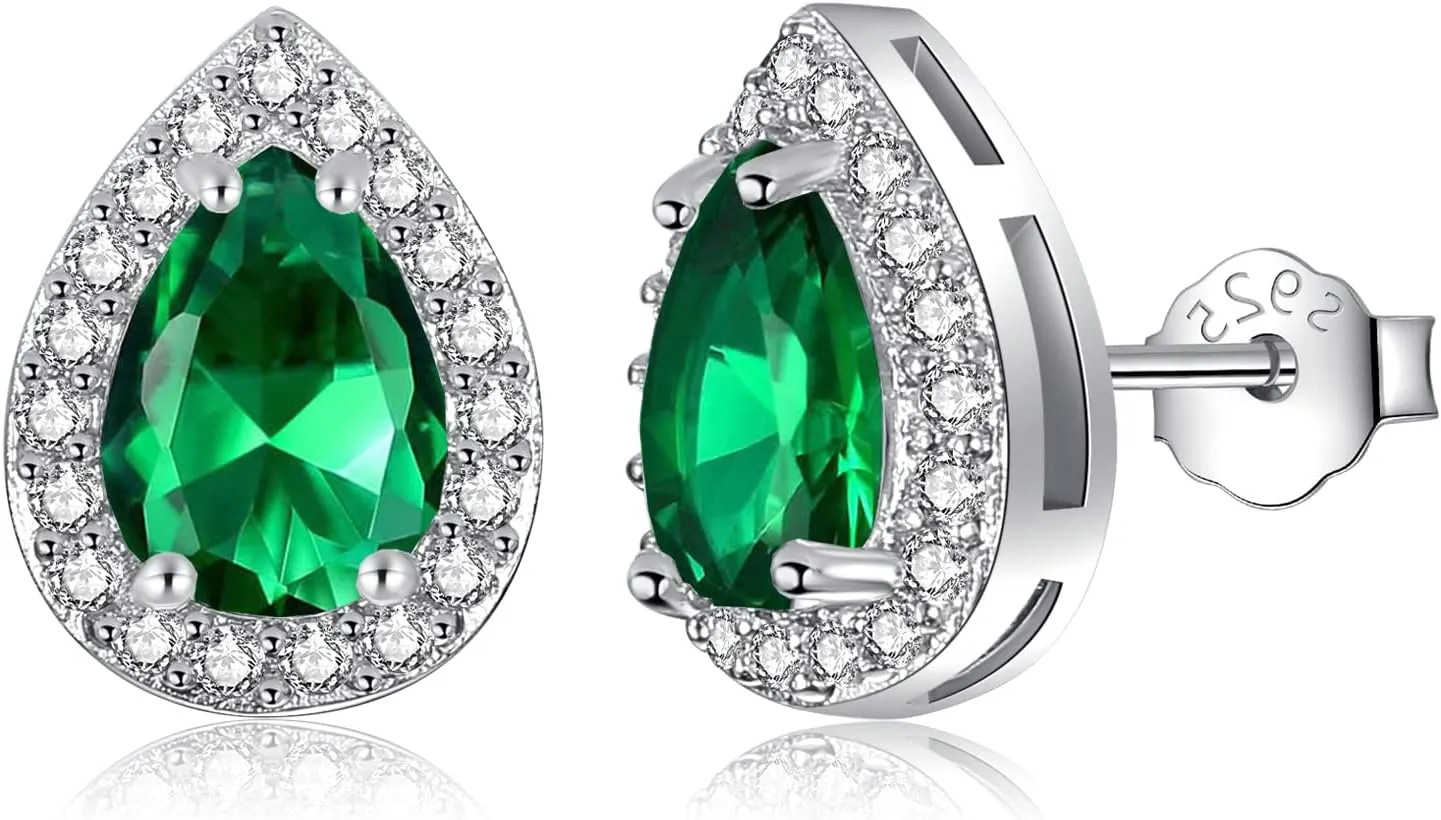Silver Birthstone Teardrop Stud Earrings for Women, Faux Diamond Halo Bridal Earrings | 925 Sterling Silver Post Cubic Zirconia Studs Jewelry for Birthday Christmas Wedding Gifts