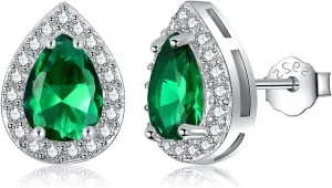 Silver Birthstone Teardrop Stud Earrings for Women, Faux Diamond Halo Bridal Earrings | 925 Sterling Silver Post Cubic Zirconia Studs Jewelry for Birthday Christmas Wedding Gifts