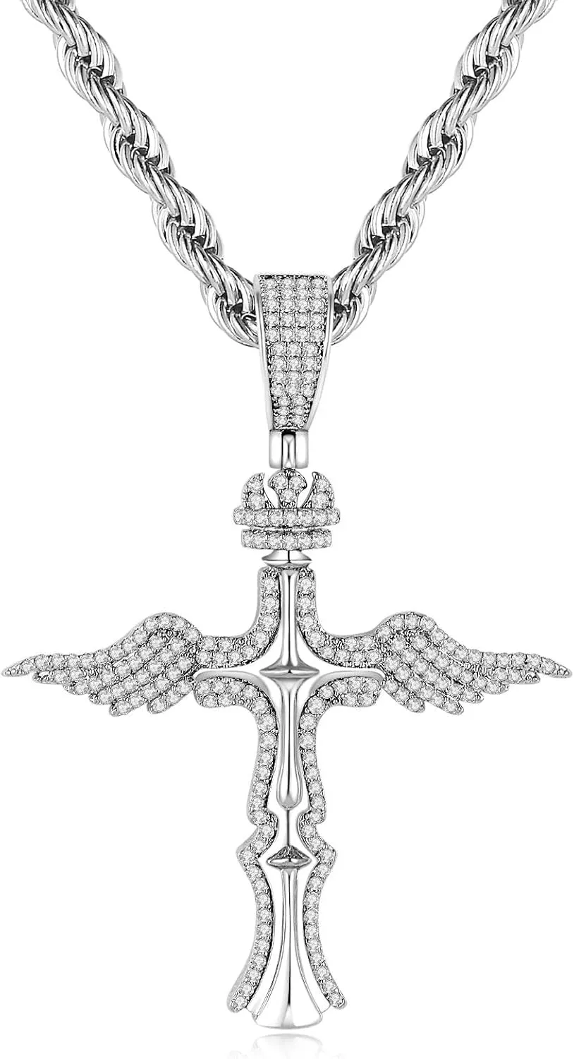 Silver Cross Necklace for Men, Angel Wing Design, Stainless Steel Rope Chain and Iced Out Pendant - Everyday Wear for Gift