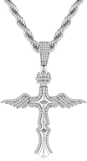 Silver Cross Necklace for Men, Angel Wing Design, Stainless Steel Rope Chain and Iced Out Pendant - Everyday Wear for Gift