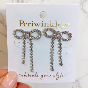 Silver Crystal Ribbon Bow Earrings