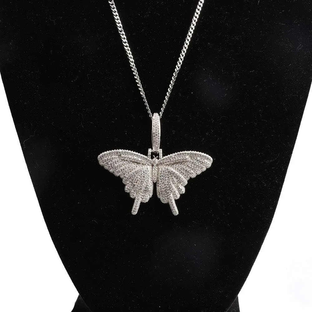 Silver Plated CZ Iced Out Bling Butterfly Chain Necklace Party Jewelry for Men Women