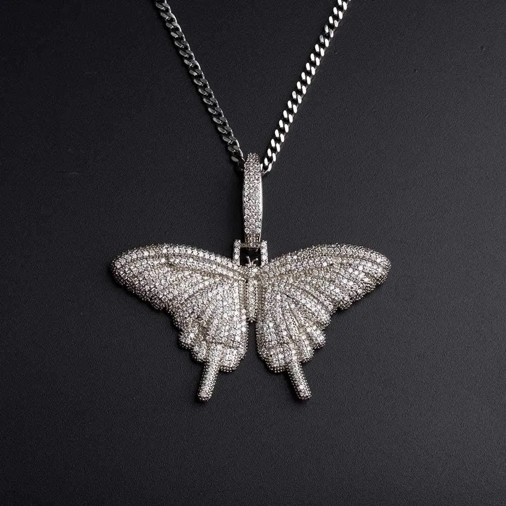 Silver Plated CZ Iced Out Bling Butterfly Chain Necklace Party Jewelry for Men Women