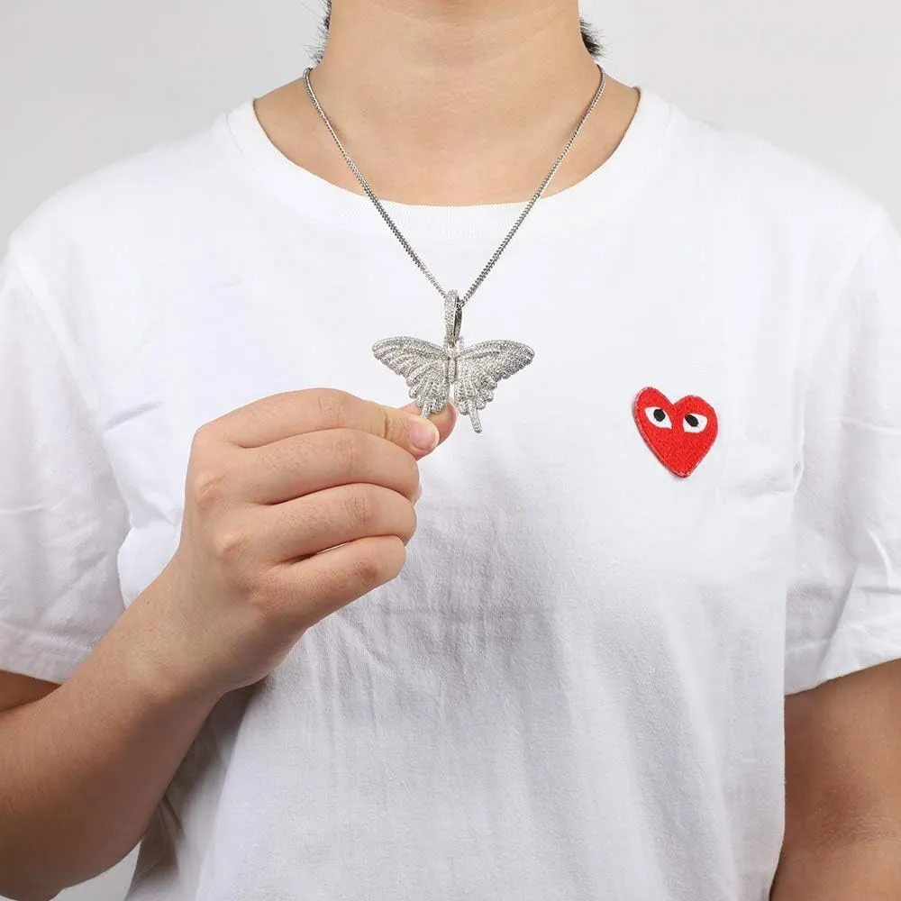 Silver Plated CZ Iced Out Bling Butterfly Chain Necklace Party Jewelry for Men Women