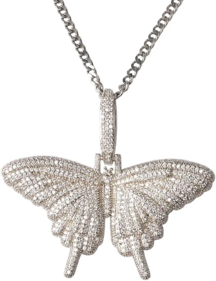 Silver Plated CZ Iced Out Bling Butterfly Chain Necklace Party Jewelry for Men Women