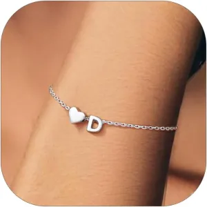 Silvora 925 Sterling Silver Dainty Initial Bracelet with Heart - 6.3"   2" Adjustable Personalized 26 Letter Bracelet Jewelry Heart Bracelet for Women