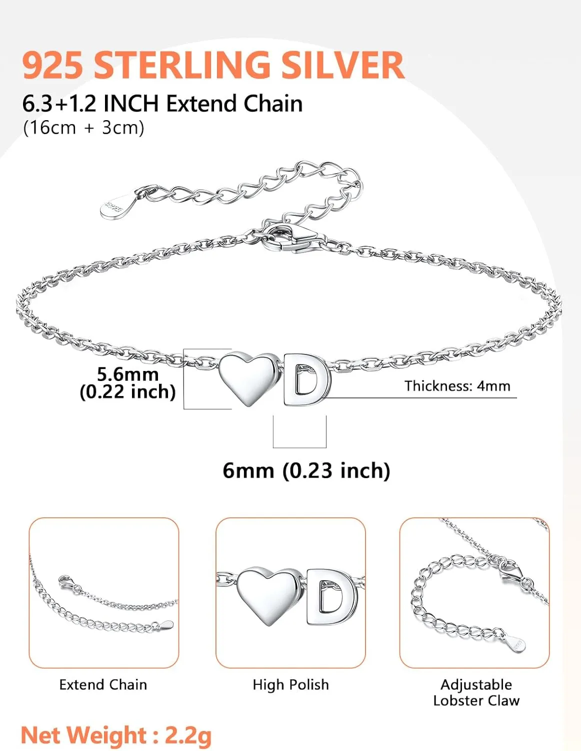 Silvora 925 Sterling Silver Dainty Initial Bracelet with Heart - 6.3"   2" Adjustable Personalized 26 Letter Bracelet Jewelry Heart Bracelet for Women