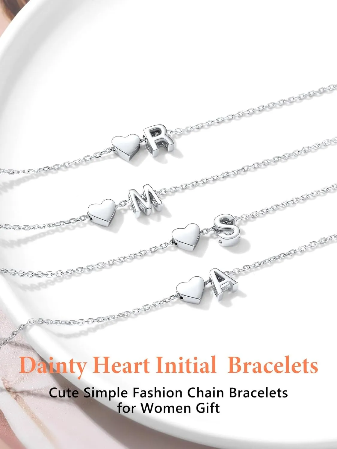 Silvora 925 Sterling Silver Dainty Initial Bracelet with Heart - 6.3"   2" Adjustable Personalized 26 Letter Bracelet Jewelry Heart Bracelet for Women