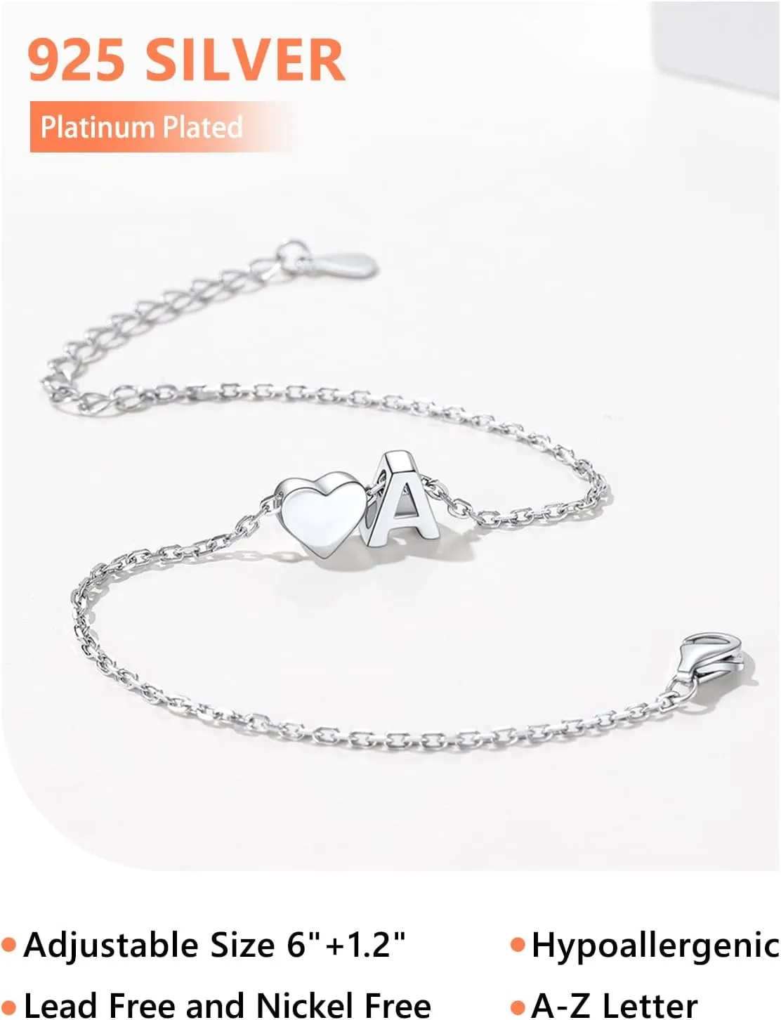 Silvora 925 Sterling Silver Dainty Initial Bracelet with Heart - 6.3"   2" Adjustable Personalized 26 Letter Bracelet Jewelry Heart Bracelet for Women