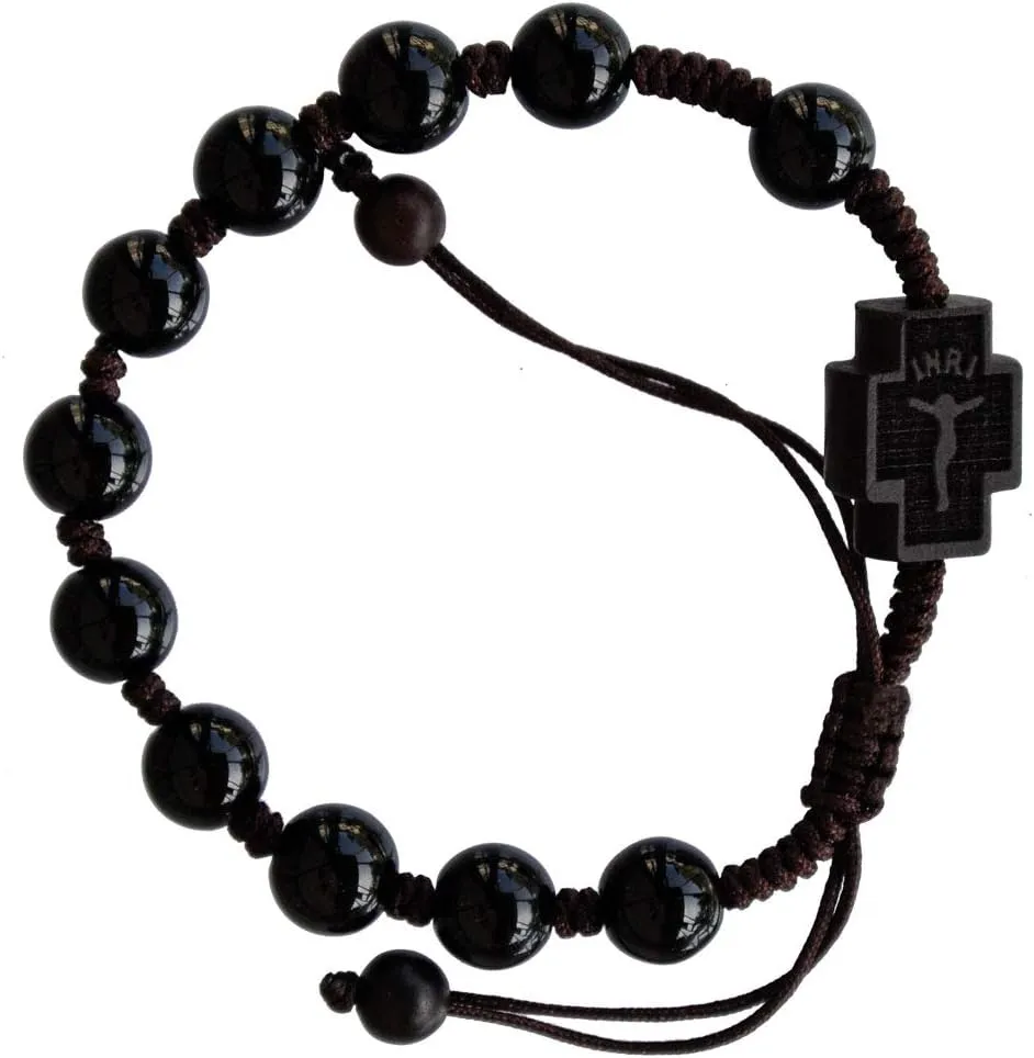 Sine Cera Black Onyx Stone/Jujube Wood 1 Decade Catholic Rosary Bracelet, Double-sided Laser Engraved Centerpiece with Crucifix/Madonna with Child, Adjustable Corded Design, Smooth 8mm Beads
