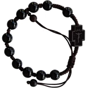 Sine Cera Black Onyx Stone/Jujube Wood 1 Decade Catholic Rosary Bracelet, Double-sided Laser Engraved Centerpiece with Crucifix/Madonna with Child, Adjustable Corded Design, Smooth 8mm Beads