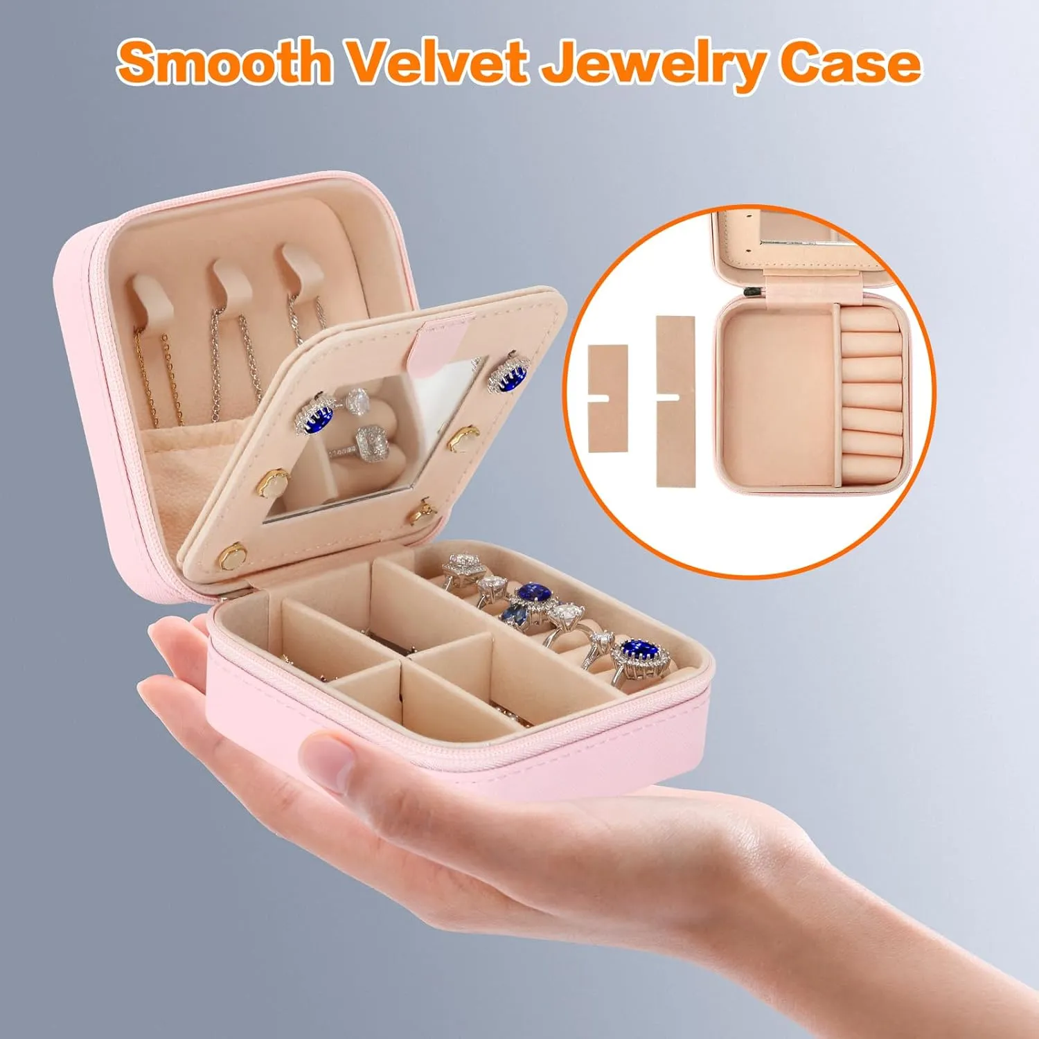 Small Travel Jewelry Box Organizer with Mirror, Women Teen Girl Gifts Trendy Stuff, Double Layer Portable Travel Case Display Storage Holder Boxes for Stud Earrings, Rings, Necklaces, Bracelets (D)