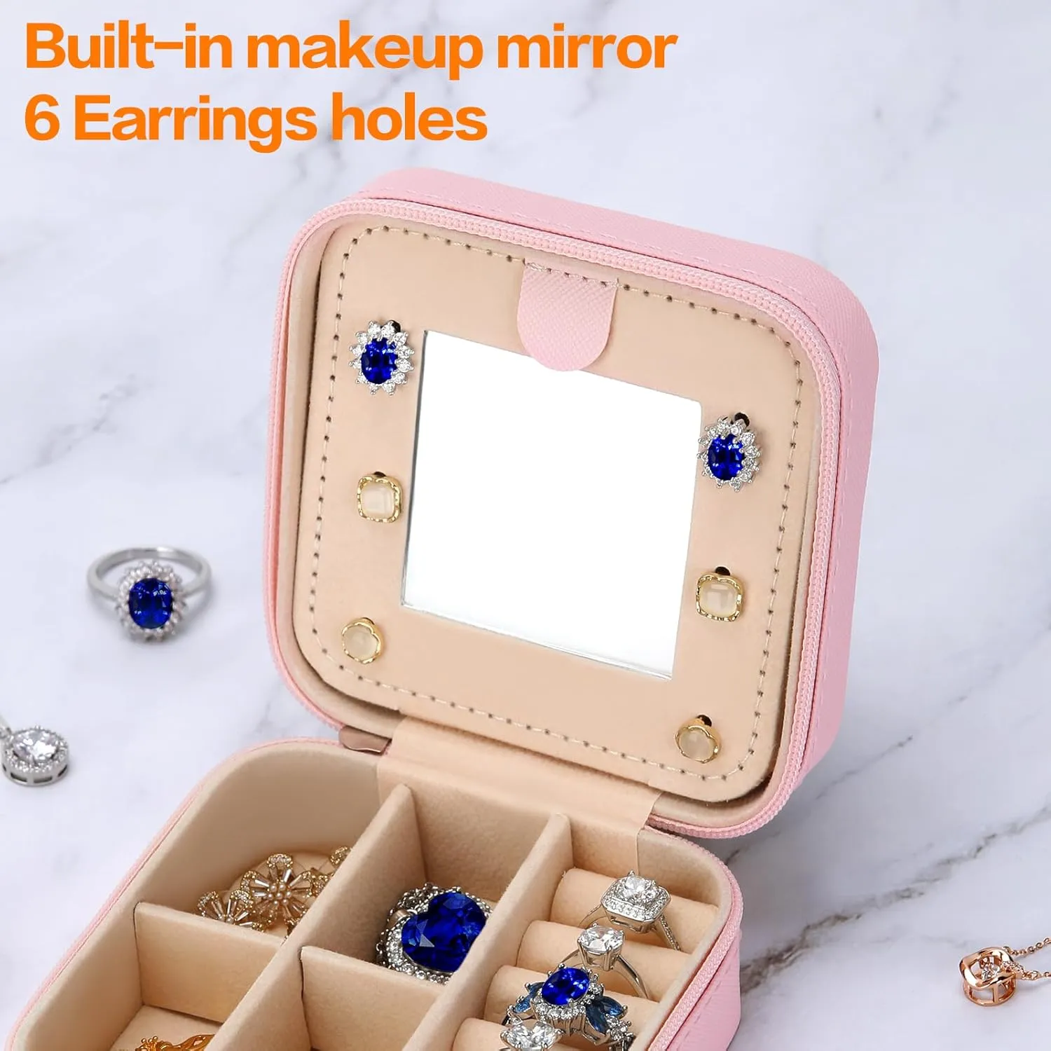 Small Travel Jewelry Box Organizer with Mirror, Women Teen Girl Gifts Trendy Stuff, Double Layer Portable Travel Case Display Storage Holder Boxes for Stud Earrings, Rings, Necklaces, Bracelets (D)