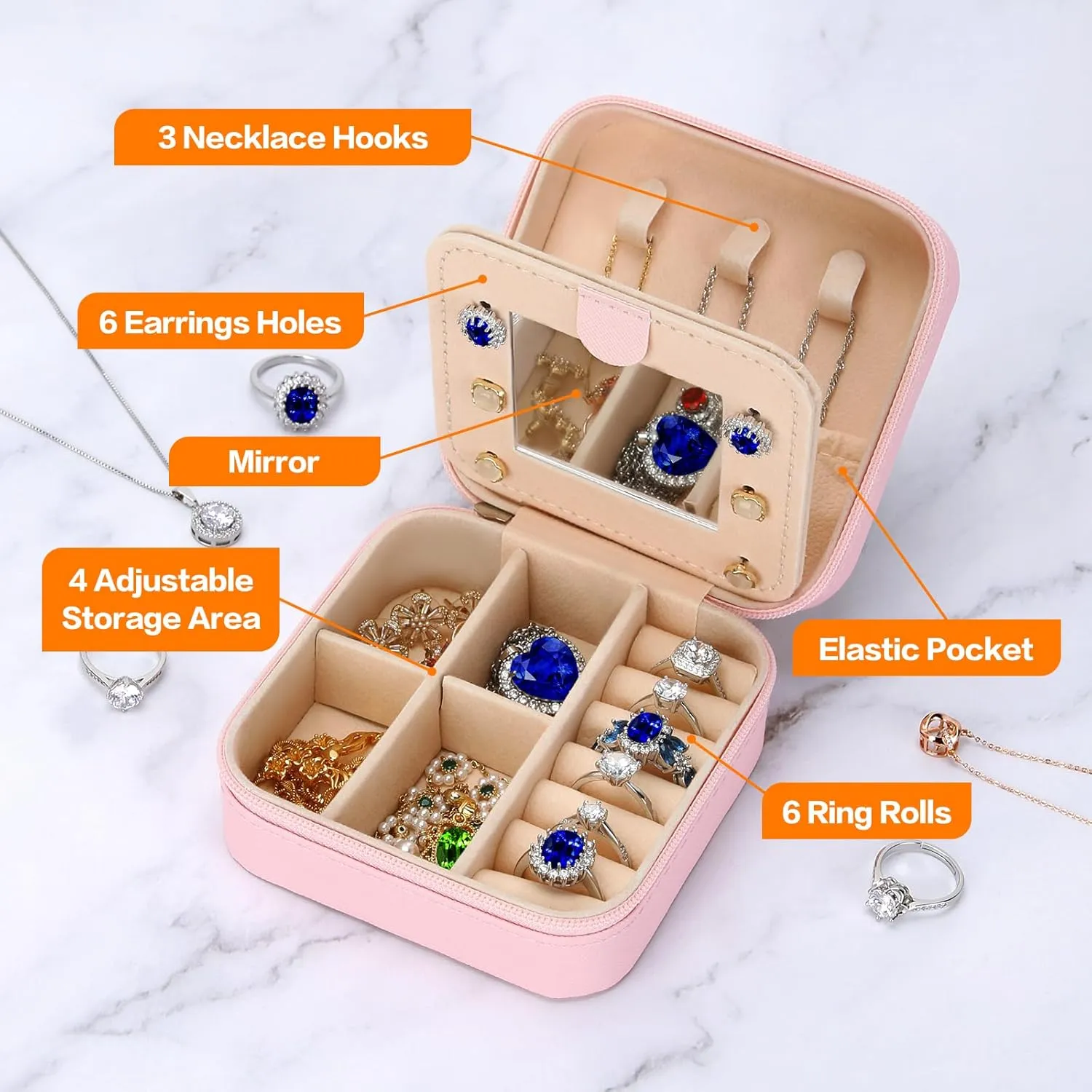 Small Travel Jewelry Box Organizer with Mirror, Women Teen Girl Gifts Trendy Stuff, Double Layer Portable Travel Case Display Storage Holder Boxes for Stud Earrings, Rings, Necklaces, Bracelets (D)