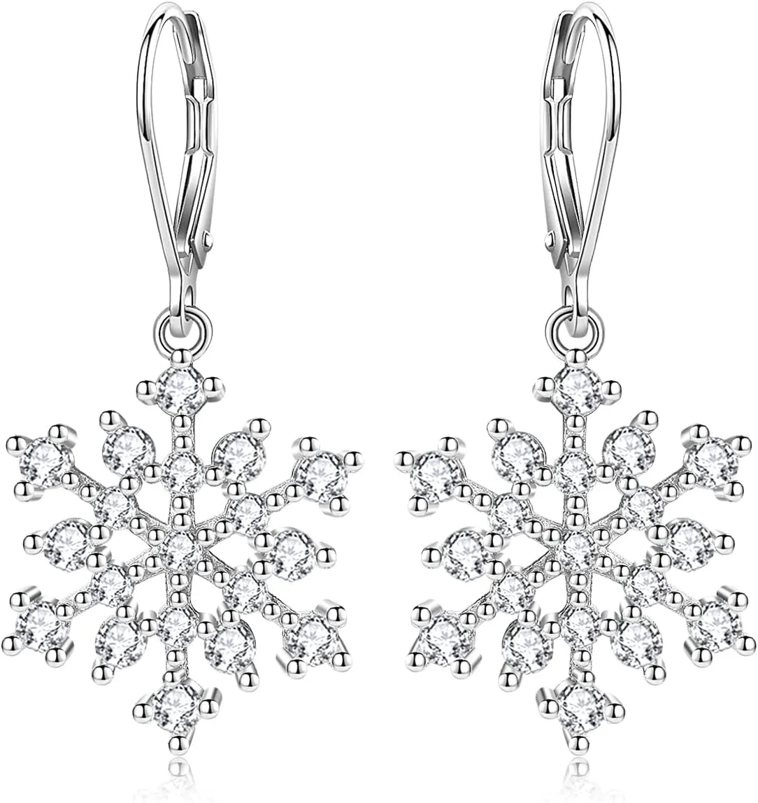 Snowflake Earrings for Woman 925 Sterling Silver Cubic Zirconia Winter Party Flower Snowflake Dangle Drop Earrings Jewelry Chrismas Gifts for Women Girls