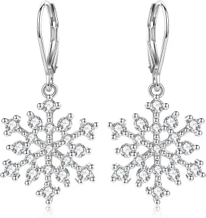 Snowflake Earrings for Woman 925 Sterling Silver Cubic Zirconia Winter Party Flower Snowflake Dangle Drop Earrings Jewelry Chrismas Gifts for Women Girls