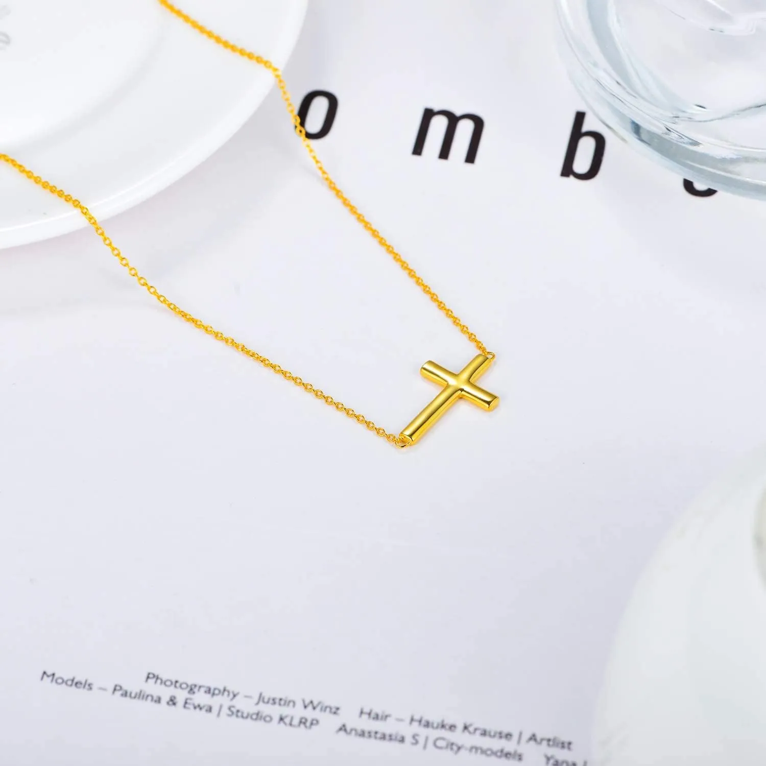 Solid 14K White or Yellow Gold Sideways Cross Necklace for Women, Gold Sideways Cross Choker Necklace Faith Jewelry Valentines Day Gifts for Her, Available in 16Inch, 18Inch