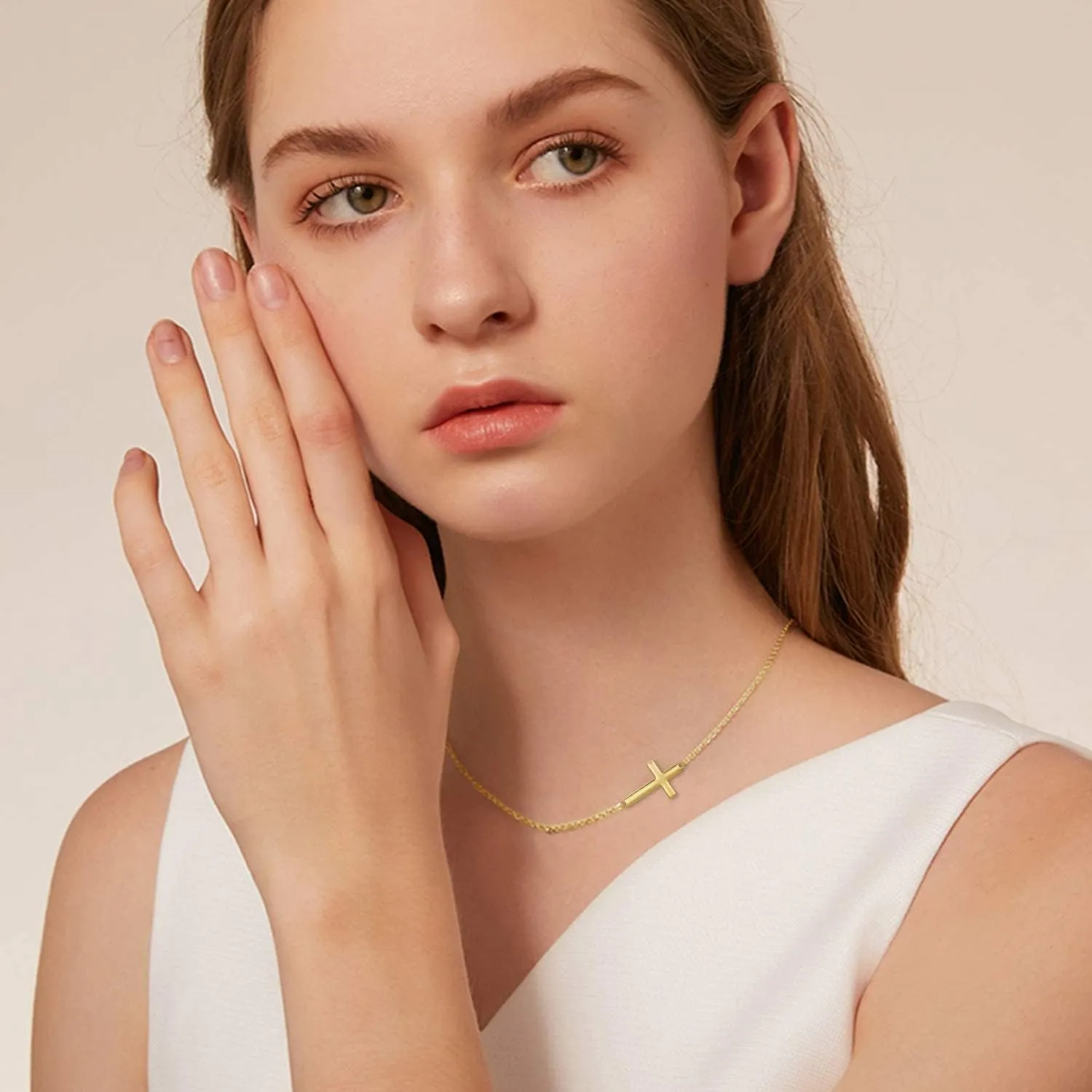 Solid 14K White or Yellow Gold Sideways Cross Necklace for Women, Gold Sideways Cross Choker Necklace Faith Jewelry Valentines Day Gifts for Her, Available in 16Inch, 18Inch