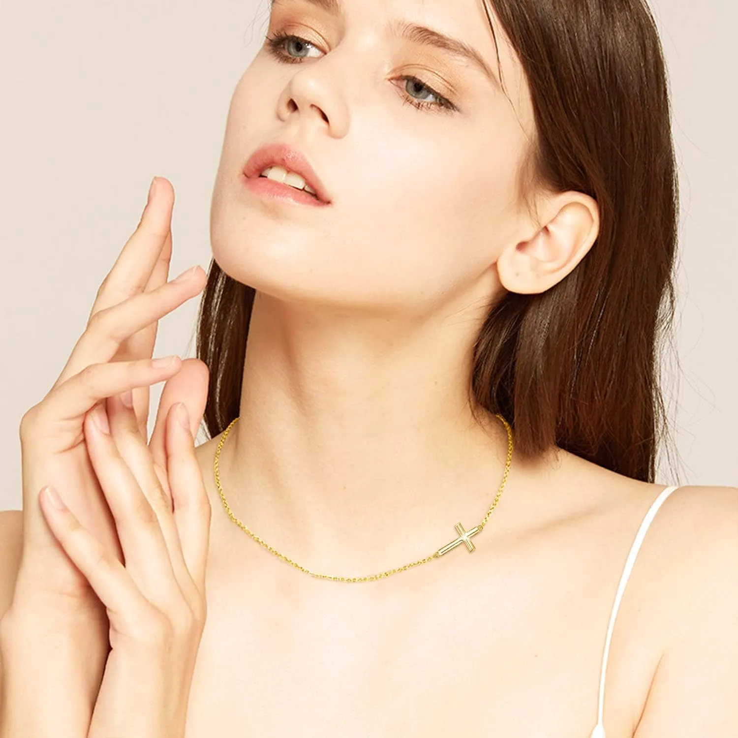 Solid 14K White or Yellow Gold Sideways Cross Necklace for Women, Gold Sideways Cross Choker Necklace Faith Jewelry Valentines Day Gifts for Her, Available in 16Inch, 18Inch