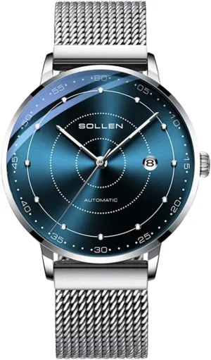 SOLLEN Men's Automatic Watches, Japanese Mechanical Movement, Mineral Glass, 3 ATM Water Resistant, Stainless Steel Case, Calendar & Luminous Hands, Minimalist Wristwatch for Business, Casual, Daily Wear - 42mm