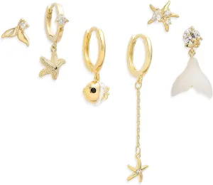 Sonateomber Dainty Gold Starfish Fishtail Fish Star Beach Rhinestone Hoop Dangle Stud Earrings Stacks Set for Women, Cute Small CZ Sea Beachy Huggie Drop Earing Fashion Summer Jewelry Gift