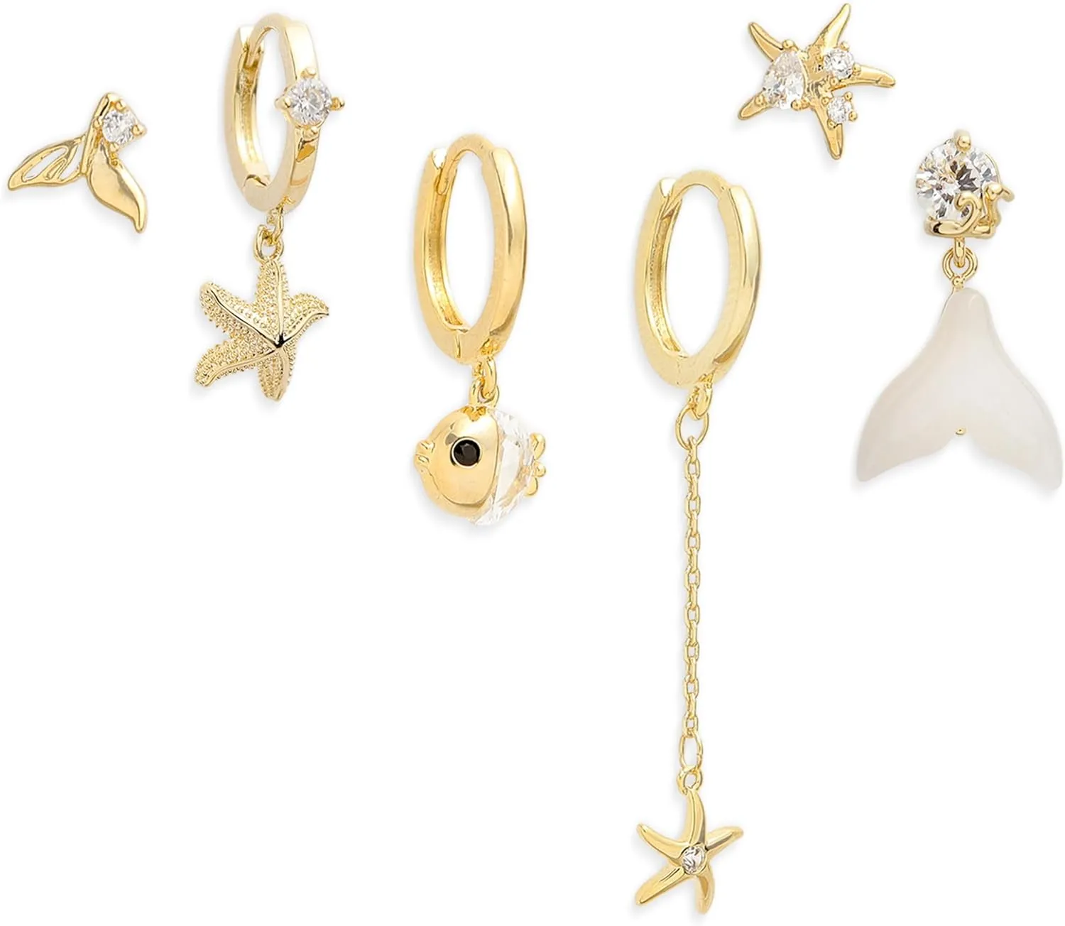 Sonateomber Dainty Gold Starfish Fishtail Fish Star Beach Rhinestone Hoop Dangle Stud Earrings Stacks Set for Women, Cute Small CZ Sea Beachy Huggie Drop Earing Fashion Summer Jewelry Gift