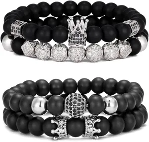 SONNYX 4Pcs 8mm Crown King Charm Beads Bracelet for Men Women Natural Black Matte Onyx Stone Beads Elastic Adjustable
