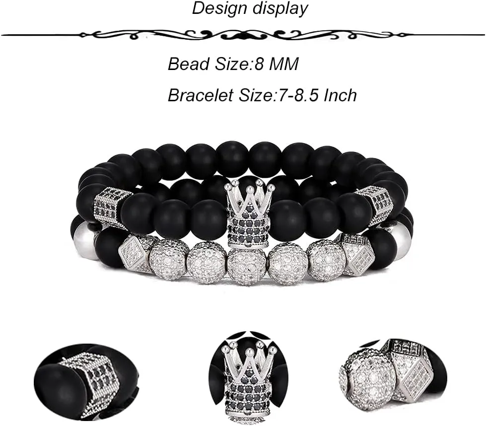 SONNYX 4Pcs 8mm Crown King Charm Beads Bracelet for Men Women Natural Black Matte Onyx Stone Beads Elastic Adjustable