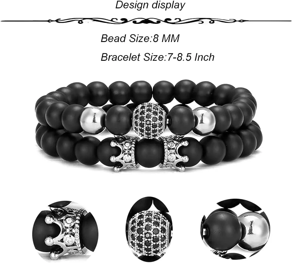 SONNYX 4Pcs 8mm Crown King Charm Beads Bracelet for Men Women Natural Black Matte Onyx Stone Beads Elastic Adjustable