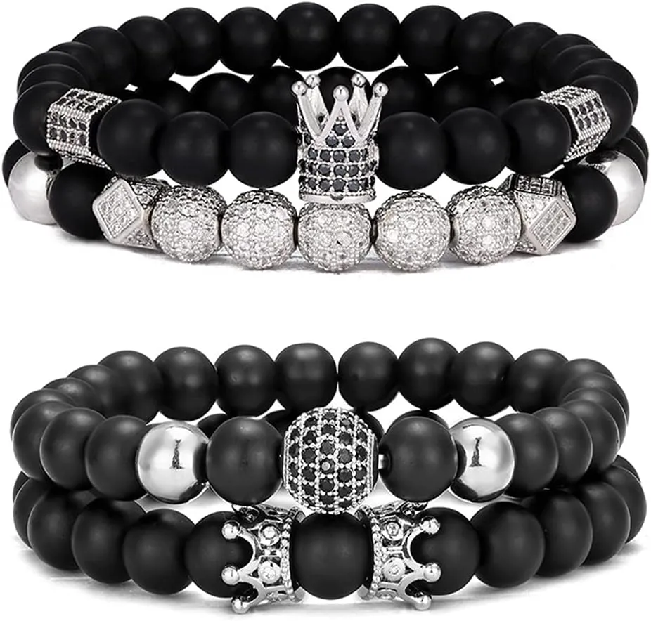 SONNYX 4Pcs 8mm Crown King Charm Beads Bracelet for Men Women Natural Black Matte Onyx Stone Beads Elastic Adjustable
