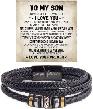 Son's Infinity Knot Bracelet, To My Son Infinity Knot Leather Bracelet From Mom Forever Linked Together Bracelets for My Son Stainless Steel Engraved Jewelry for Birthday Christmas