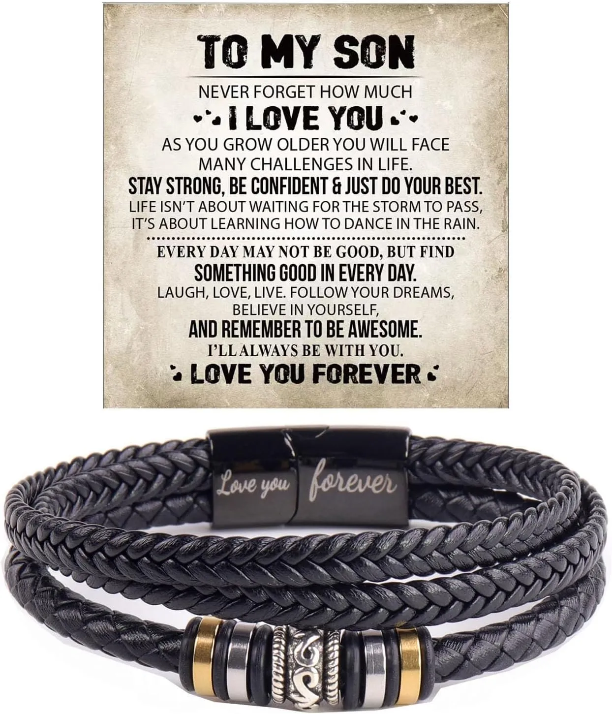 Son's Infinity Knot Bracelet, To My Son Infinity Knot Leather Bracelet From Mom Forever Linked Together Bracelets for My Son Stainless Steel Engraved Jewelry for Birthday Christmas