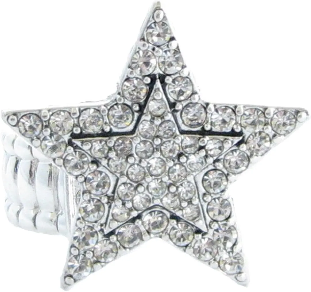 Sports Accessory Store Star Clear Crystals Silver Plated Fashion Stretch Ring
