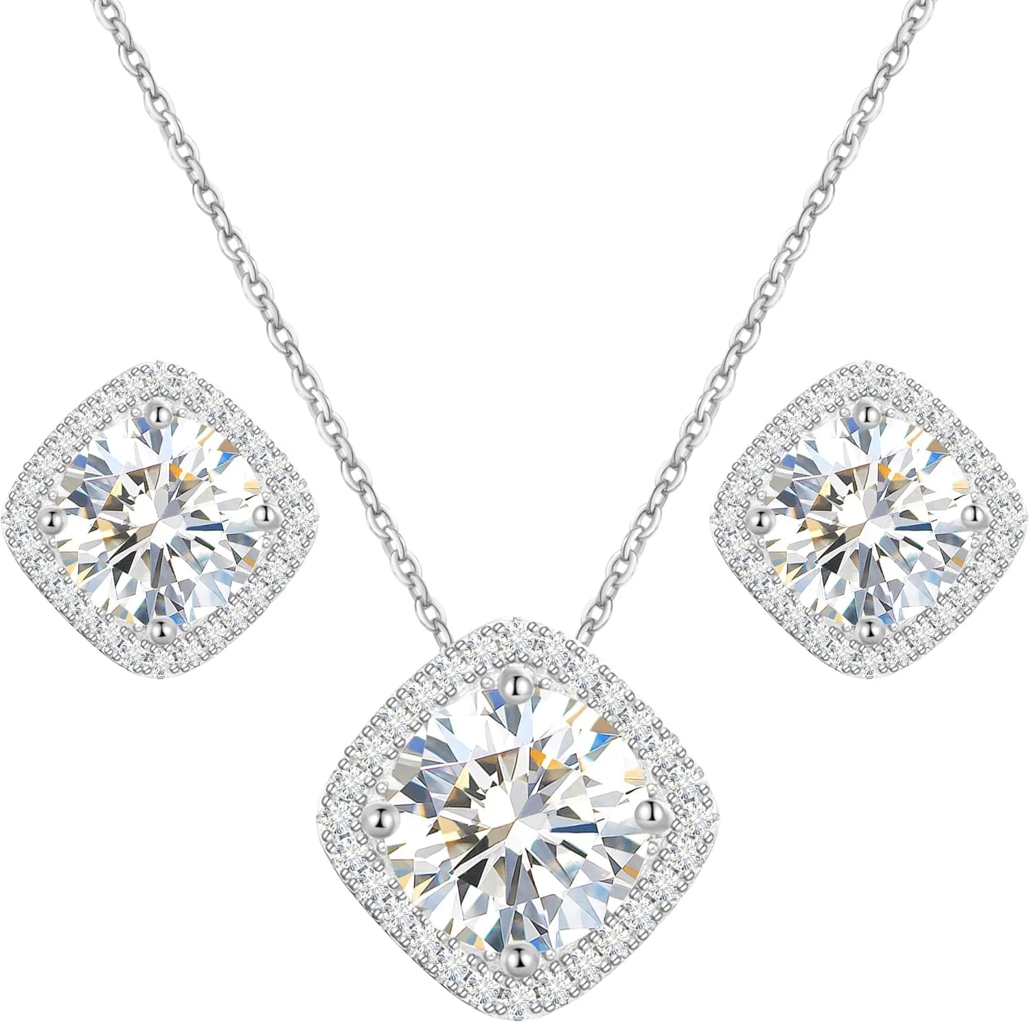 Square Moissanite Earrings and Necklace Set for Women/Men 18K White/Yellow Gold Sterling Silver Moissanite Jewelry Set for Bridal Wedding Birthday Anniversary Party