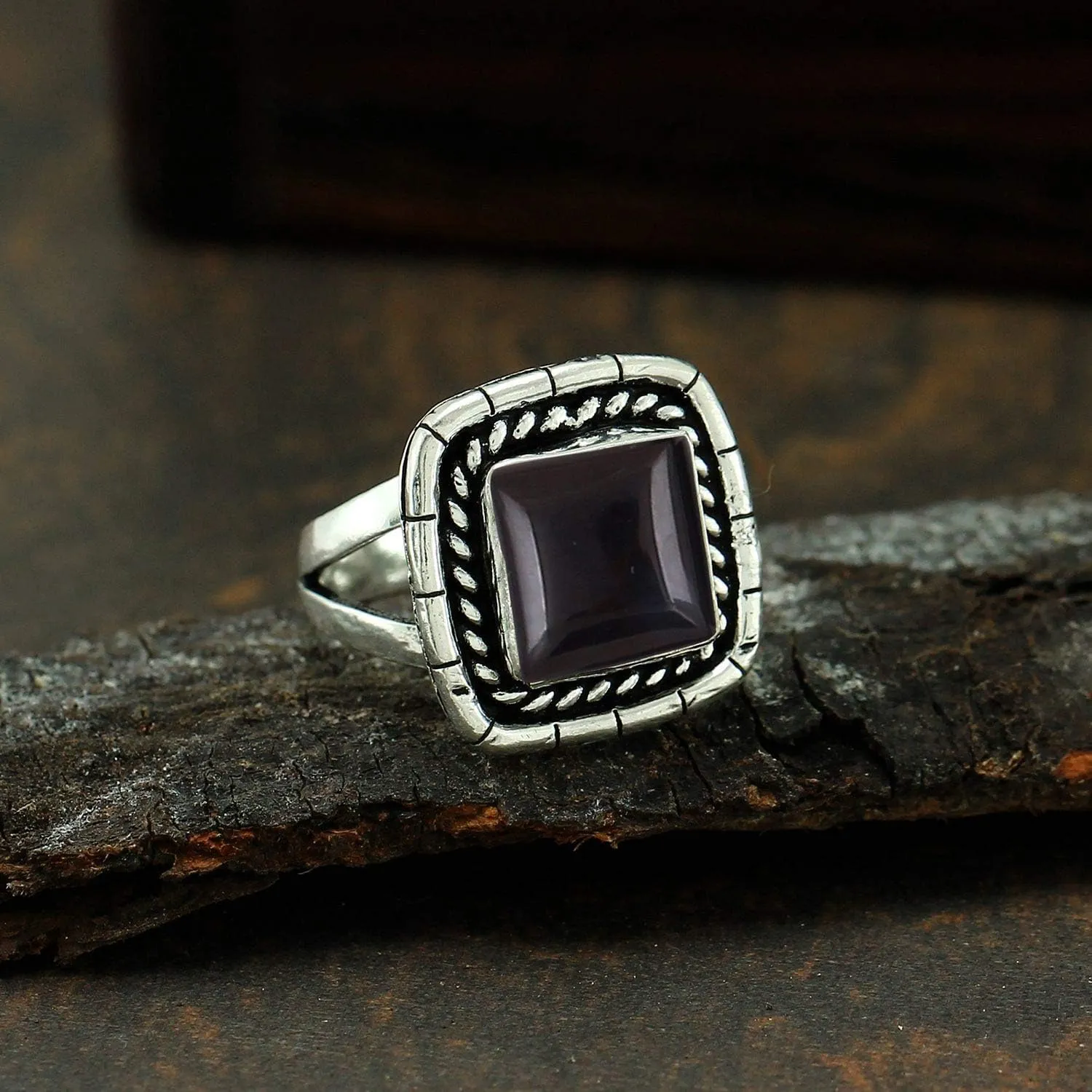 Square Shape Natural Gemstone Handmade Rings for Women - 925 Silver Plated Birthstone Bohemian Style Vintage Jewelry Statement Ring - Gifts for Wedding Anniversary Valentine's Day Christmas
