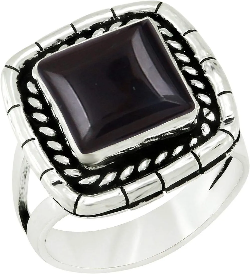 Square Shape Natural Gemstone Handmade Rings for Women - 925 Silver Plated Birthstone Bohemian Style Vintage Jewelry Statement Ring - Gifts for Wedding Anniversary Valentine's Day Christmas