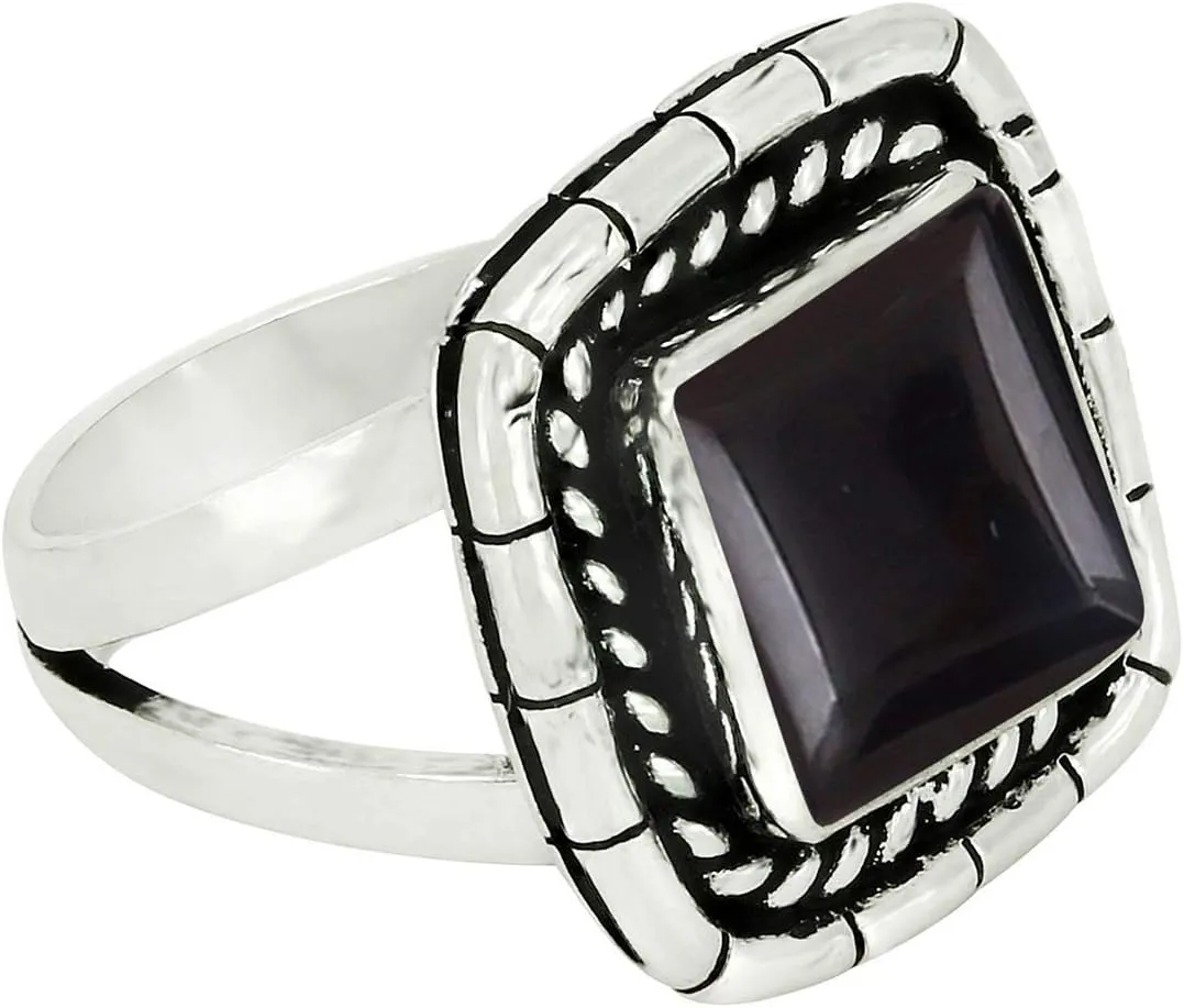 Square Shape Natural Gemstone Handmade Rings for Women - 925 Silver Plated Birthstone Bohemian Style Vintage Jewelry Statement Ring - Gifts for Wedding Anniversary Valentine's Day Christmas