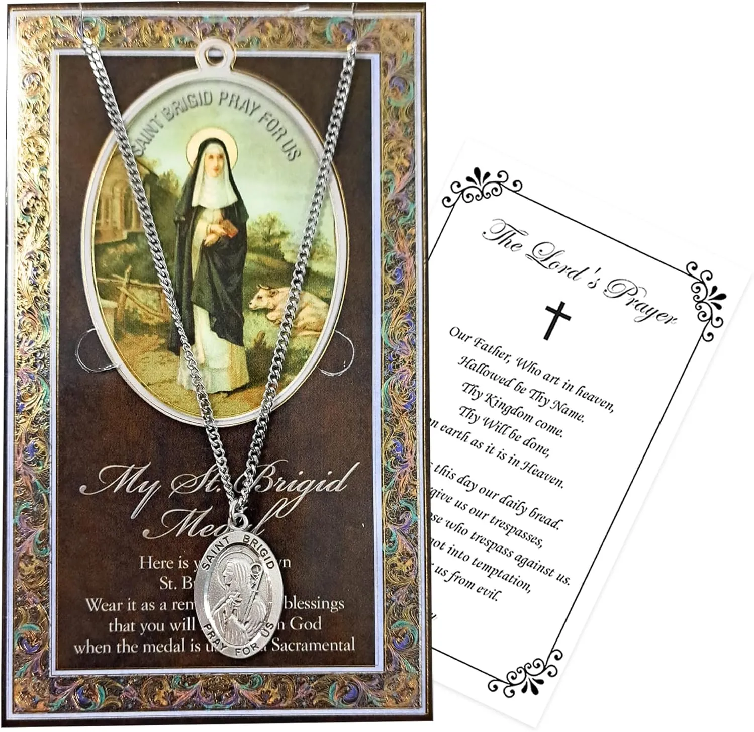 St Brigid Jewelry - Pewter Saint Brigid Pendant with 18 Inch Chain, Lord's Prayer Card - Saint Bridget Necklace, Patron Saint of Ireland, Newborns, Midwives, Farmers, Poets, Blacksmiths - 2 Items Set