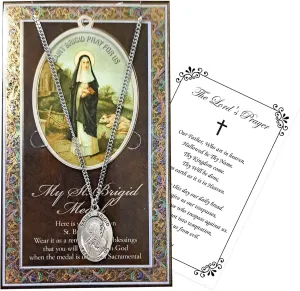 St Brigid Jewelry - Pewter Saint Brigid Pendant with 18 Inch Chain, Lord's Prayer Card - Saint Bridget Necklace, Patron Saint of Ireland, Newborns, Midwives, Farmers, Poets, Blacksmiths - 2 Items Set