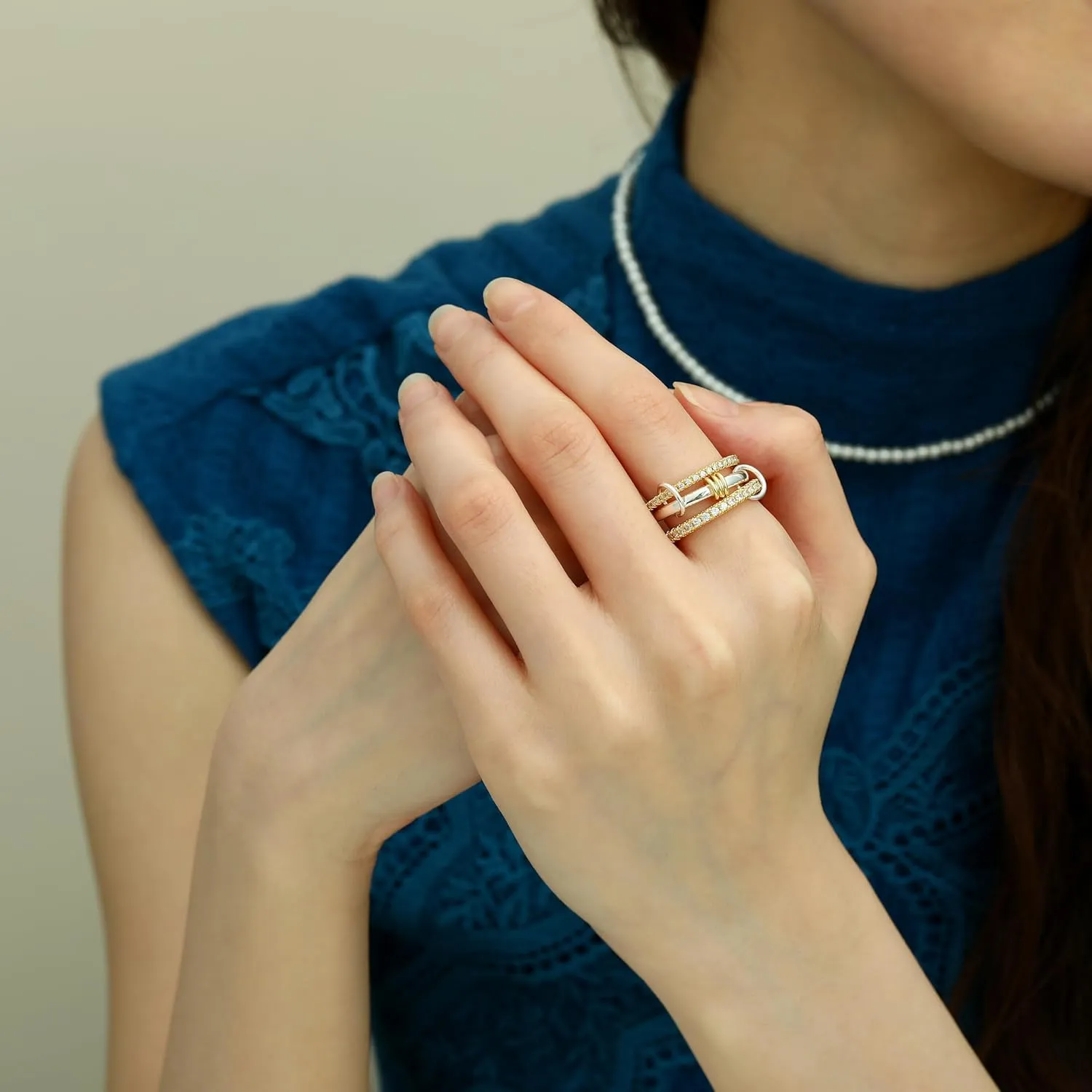 Stackable Rings for Women Non Tarnish, 14K Gold Plated Cubiz Zirconia Ring Dainty Chunky Gold Rings Silver Gold Multi Ring Mixed Metal Stacking Rings Set Gold Jewelry for Women Gifts
