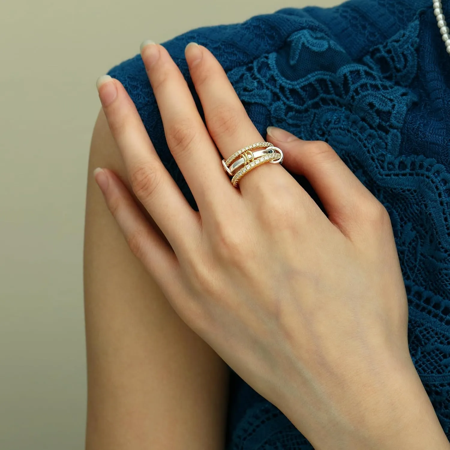 Stackable Rings for Women Non Tarnish, 14K Gold Plated Cubiz Zirconia Ring Dainty Chunky Gold Rings Silver Gold Multi Ring Mixed Metal Stacking Rings Set Gold Jewelry for Women Gifts
