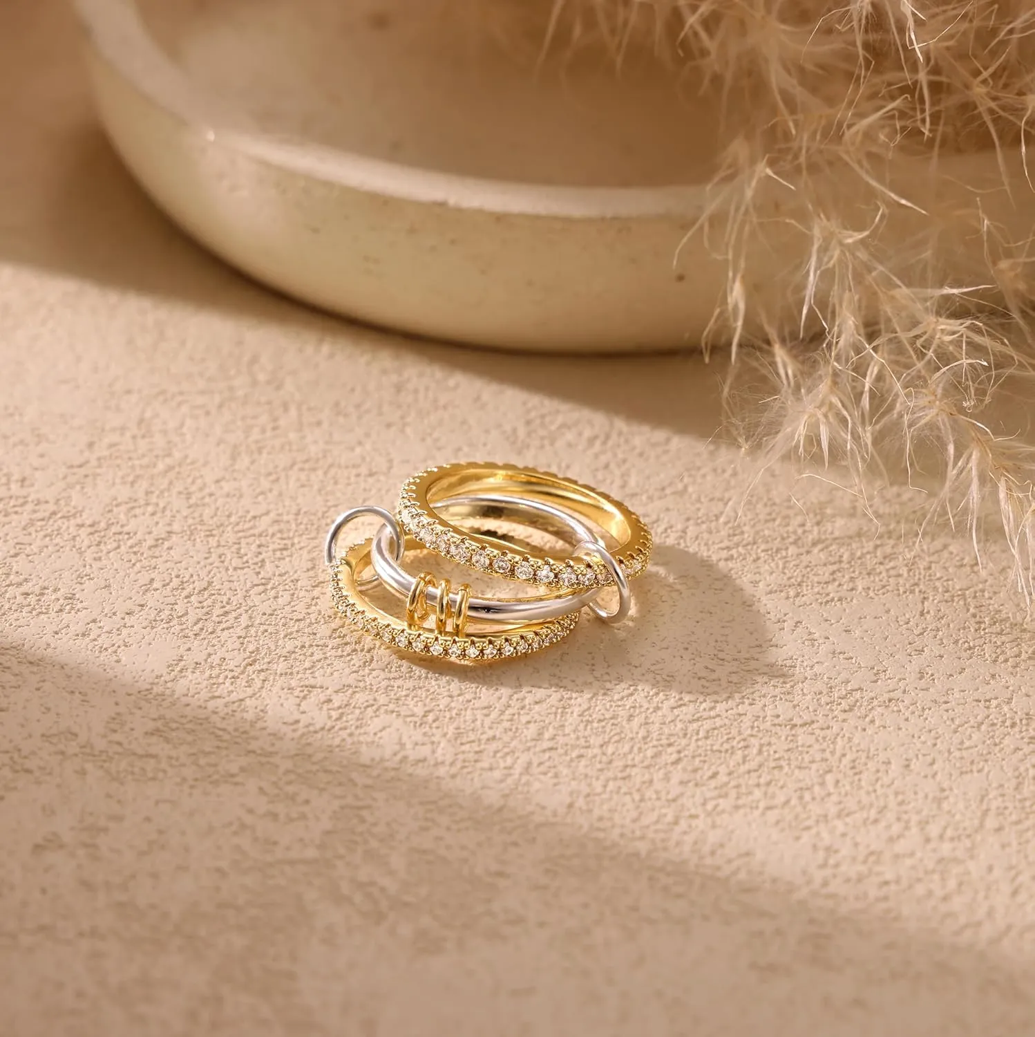 Stackable Rings for Women Non Tarnish, 14K Gold Plated Cubiz Zirconia Ring Dainty Chunky Gold Rings Silver Gold Multi Ring Mixed Metal Stacking Rings Set Gold Jewelry for Women Gifts