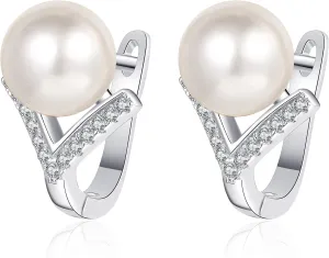 StarGems 8mm Pearl V-Shaped 0.13cttw Moissanite 925 Silver Platinum Plated Cuff Dangle Earrings EX105