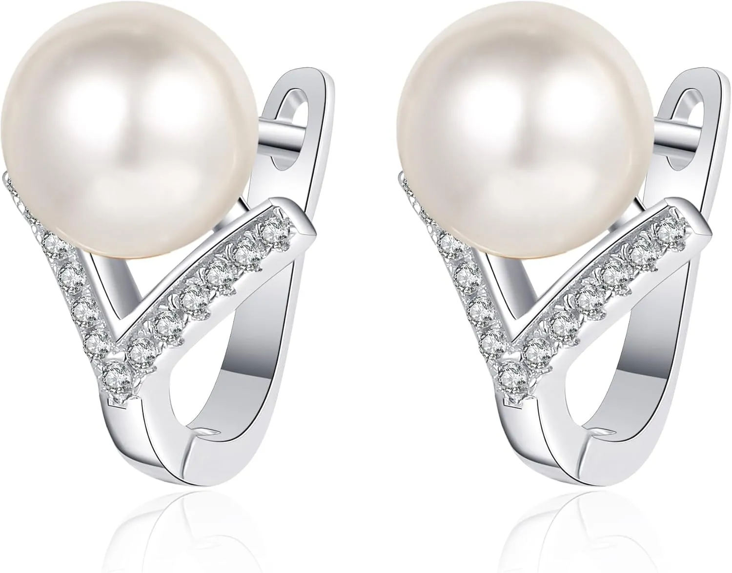 StarGems 8mm Pearl V-Shaped 0.13cttw Moissanite 925 Silver Platinum Plated Cuff Dangle Earrings EX105