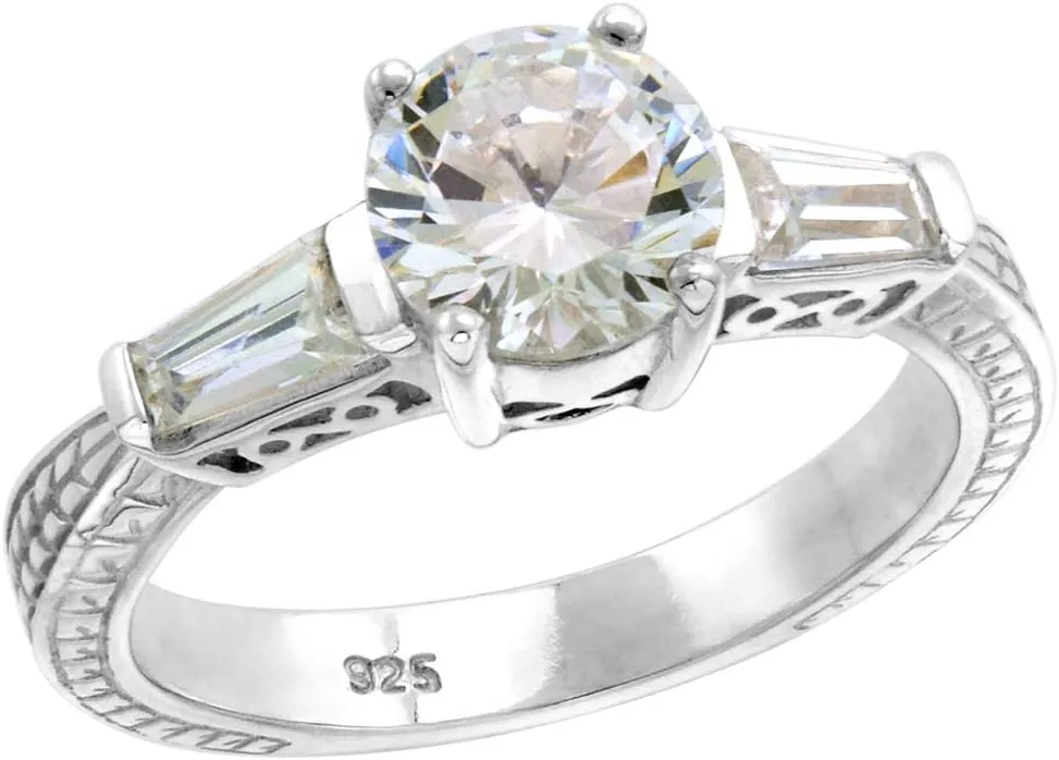 Sterling Silver 6mm CZ Tapered Baguette 3-Stone Brilliant Cut Engagement Ring Women Vintage Style Sizes 6-10