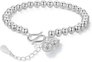 Sterling Silver Gourd(Wulu) Bracelet Silver 5mm Round Bead Ball Bracelet for Women Girlfriend 6.3"-7.5"